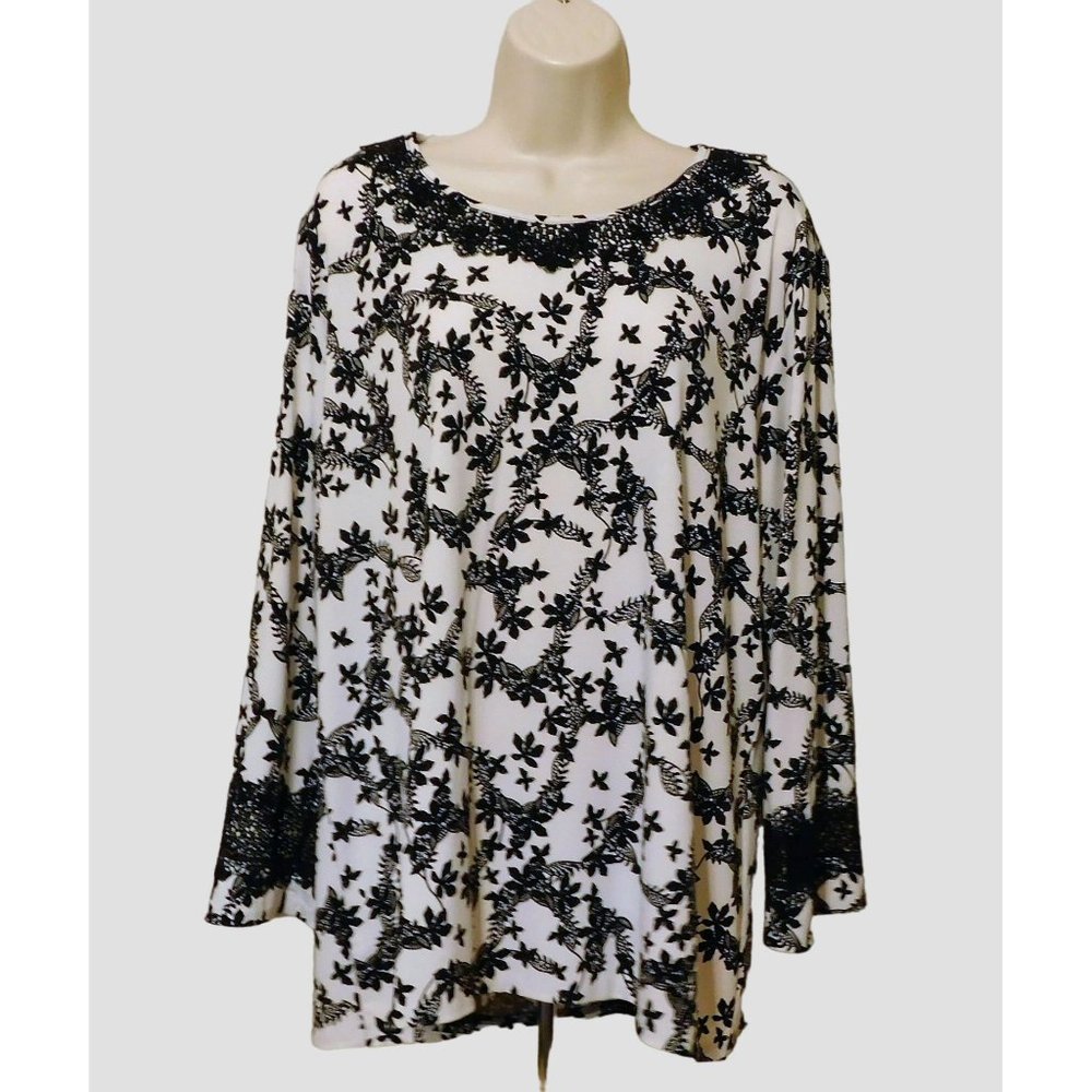 Karl Lagerfeld Shirt XL Black White Floral 3/4 Sleeves Lace Trim Polyester Blend